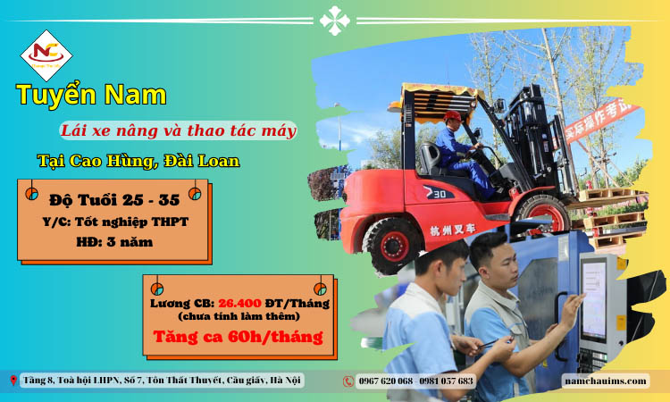 Tuyển nam lái xe nâng, thao tác máy tại Đài Loan