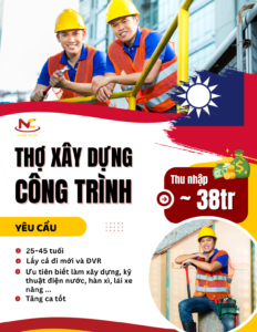 Tuyển 30 Nam đơn hàng xây dựng công trình tại Đài Loan