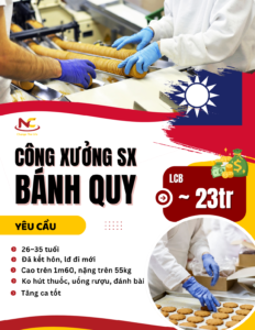 Tuyển 3 Nam đơn hàng Thực Phẩm Sản xuất Bánh Quy tại Vân Lâm, Đài Loan